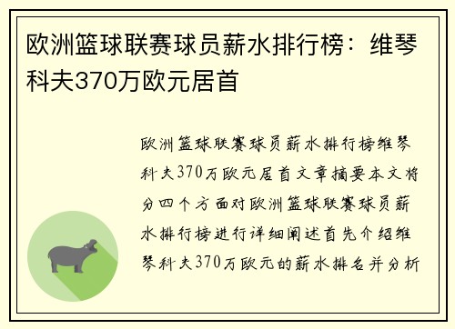 欧洲篮球联赛球员薪水排行榜：维琴科夫370万欧元居首